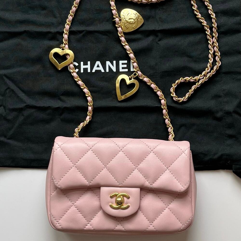 Chanel Mini Rectangular Flap Bag with Heart Chain Pink Lambskin Antique Gold